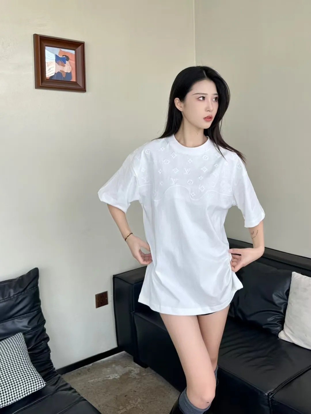Louis Vuitton/Louis Vuitton dark pattern half-length presbyopic logo embroidered short sleeves